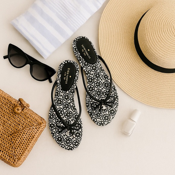 Kate Spade Geometric Bow Sandals 10M Black White Tile Print Flat Vacation - Picture 2 of 9